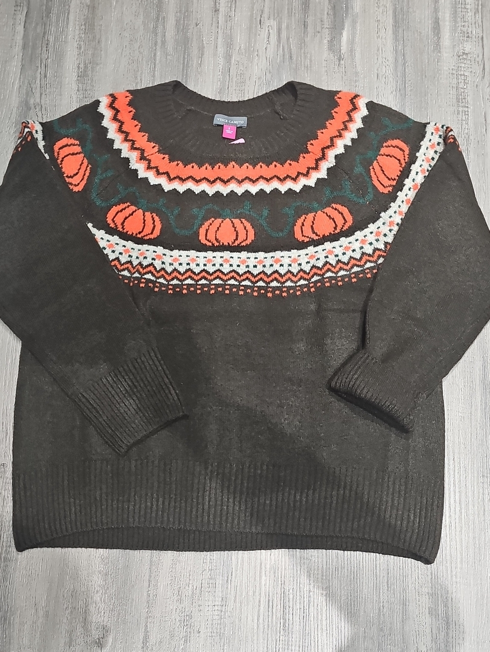 Vince Camuto Black Crewneck Fair Isle Pumpkin Yoke Sweater